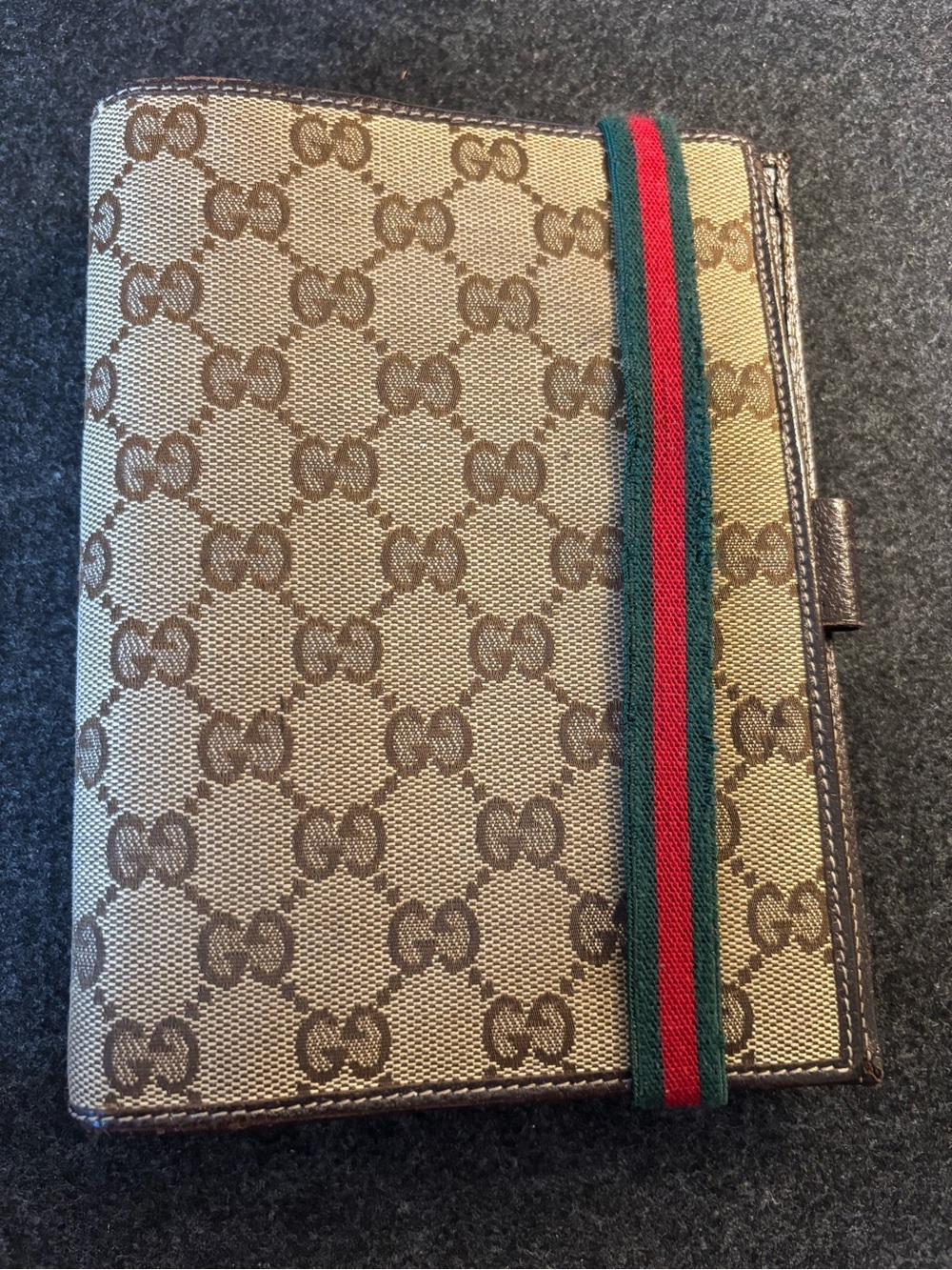 Vintage Gucci GG Canvas 6 Ring Agenda MM Green & Red Web Stripe Elastic Detail